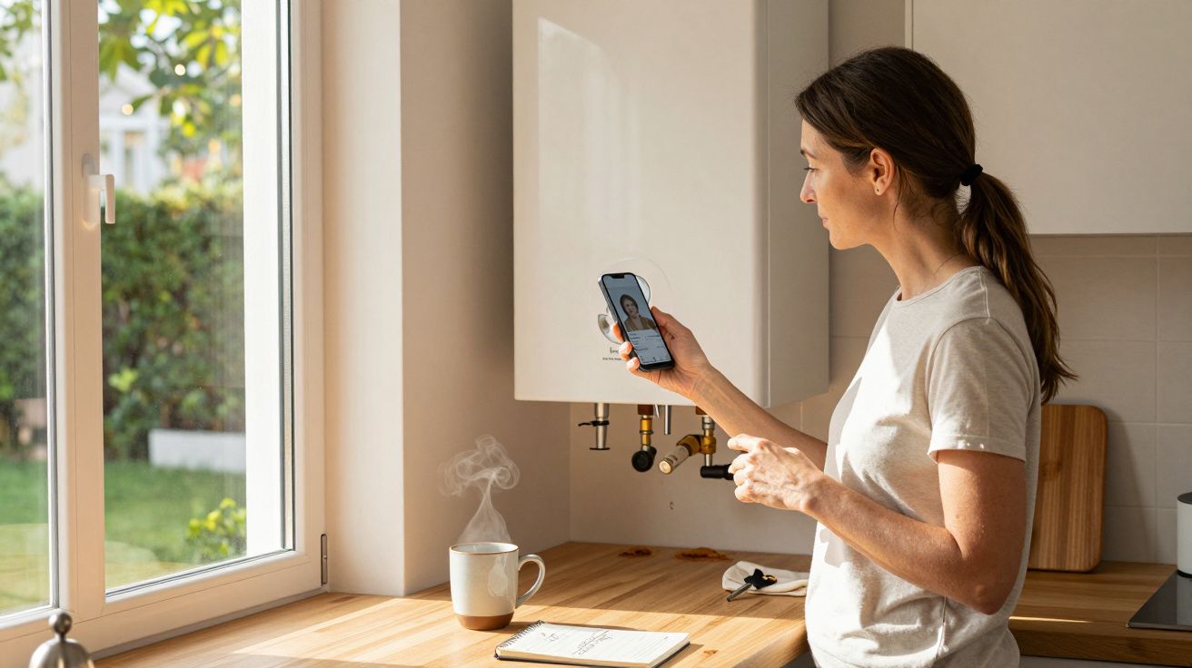 Woman in kitchen near window, holding phone with video call, steam rising from coffee mug on countertop.