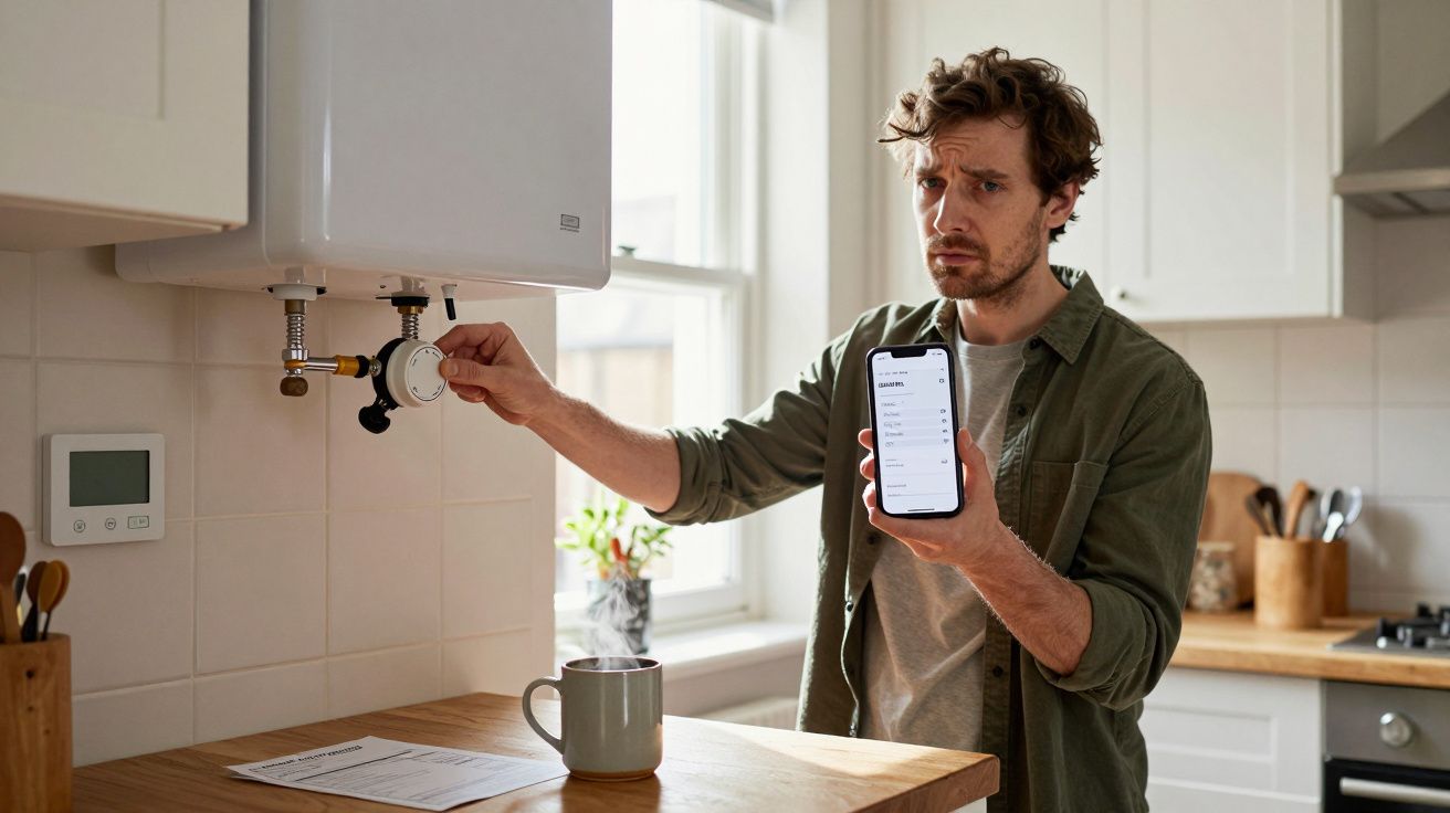 Man adjusting boiler settings in kitchen, holding smartphone displaying app, mug and paper on wooden countertop.
