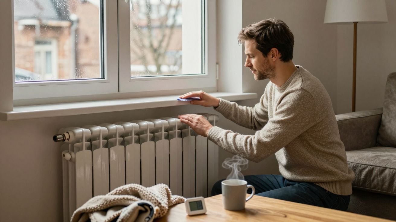 Man adjusting radiator thermostat near window, with steaming mug and woollen blanket on table in cosy living room.