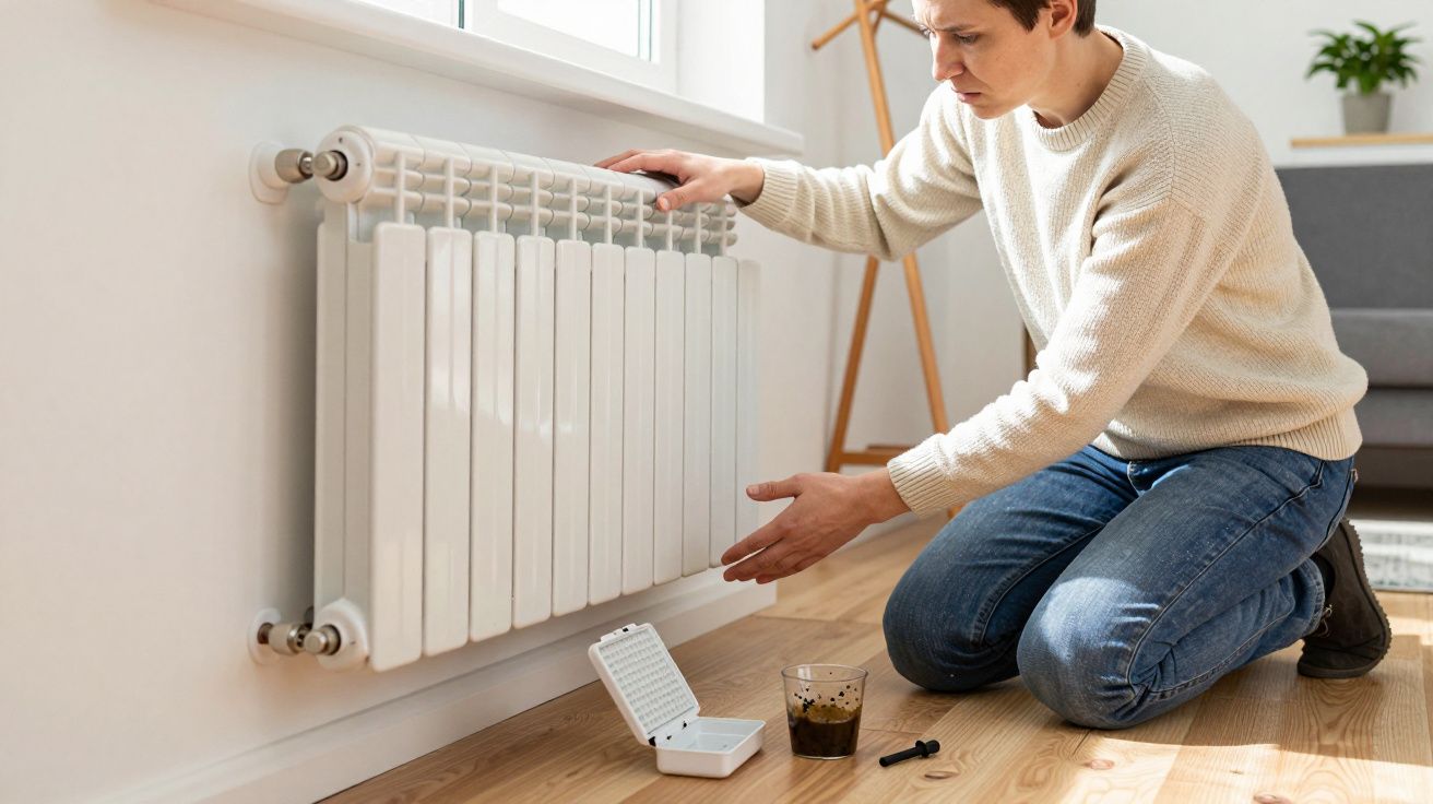 Person kneeling by white radiator, adjusting it with tools on the floor in a bright room.
