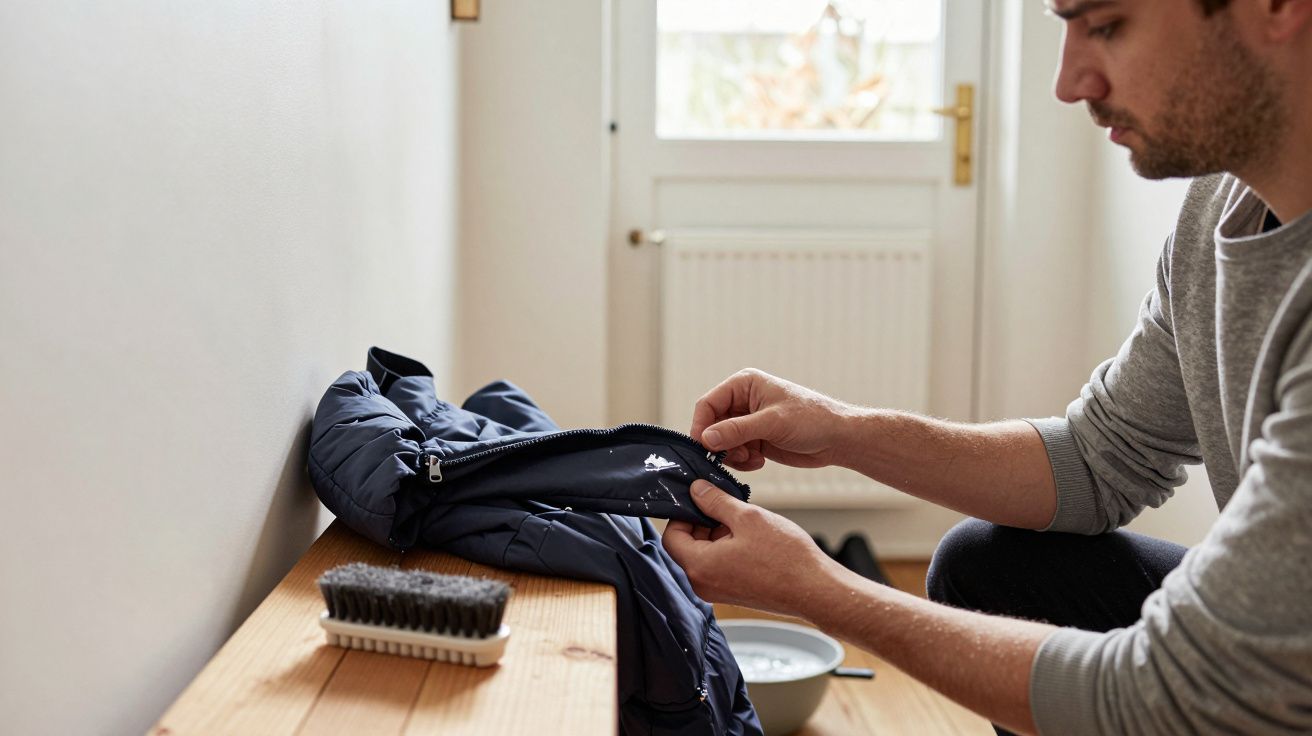 Man repairing a navy jacket on a wooden bench with a cleaning brush and small bowl nearby.