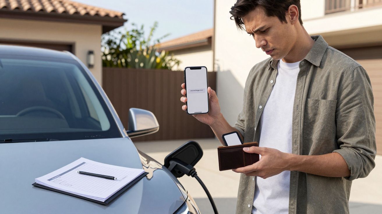 Man holding phone and wallet next to charging electric car, with papers on the bonnet.