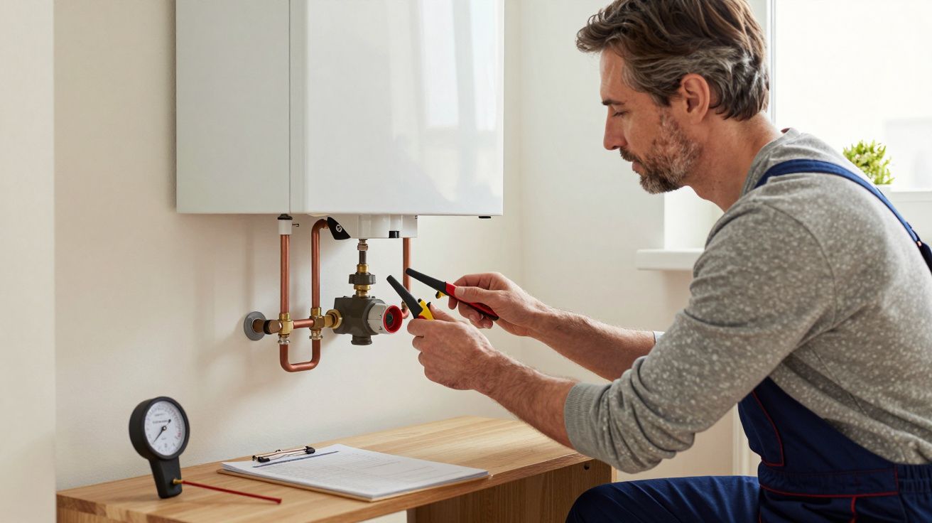 Man in overalls fixing a boiler valve with a wrench and screwdriver, next to a pressure gauge and clipboard.