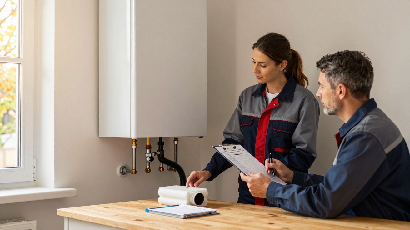 Two technicians in uniforms inspecting a boiler, discussing notes on a clipboard in a bright room.