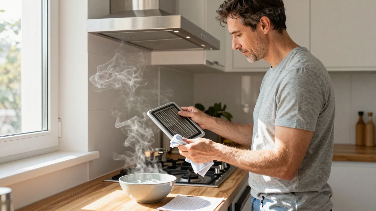 Man in grey t-shirt cleaning metal oven hood filter in a modern kitchen with steam rising from a pot on the stove.