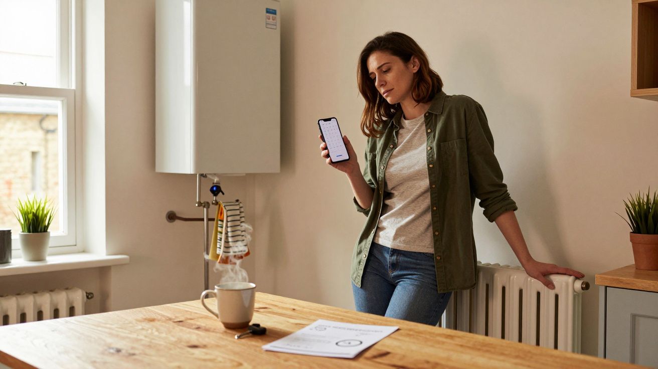 Woman in casual attire stands by kitchen radiator, holding smartphone. Table with mug and document in foreground.