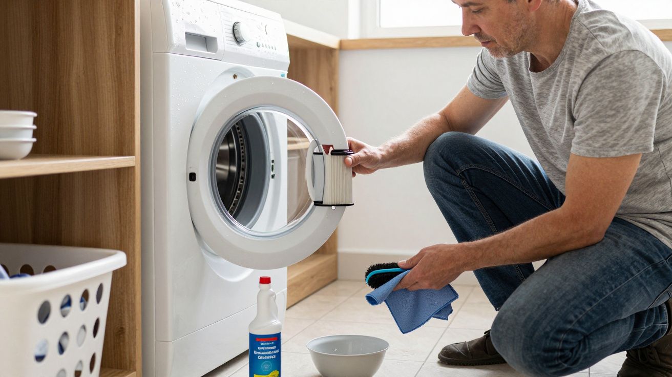 Man cleaning a washing machine drum with a cloth and cleaner bottle nearby in a laundry room.