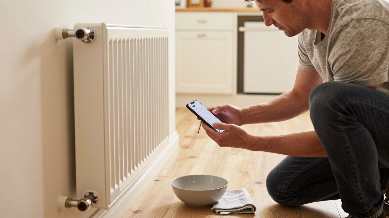 Man kneeling next to radiator, using smartphone, with a bowl and cloth on the floor.