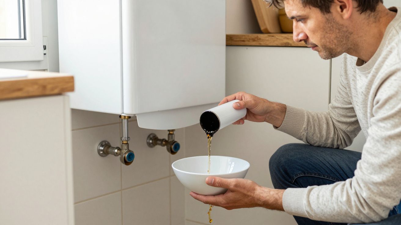 Man draining dirty water from radiator into a bowl in a kitchen.