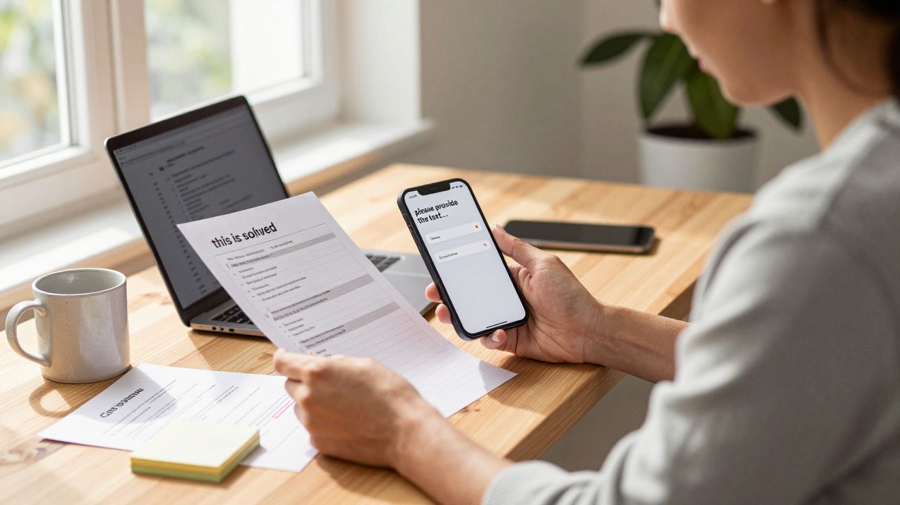 Woman at desk reviewing a document with a mobile phone in hand, laptop and mug nearby.