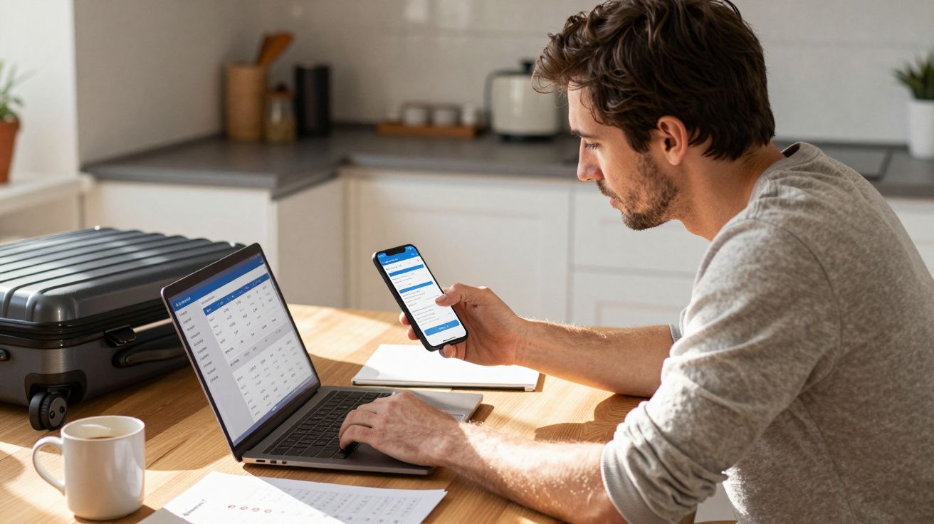 Man at kitchen table using laptop and smartphone, suitcase beside him.