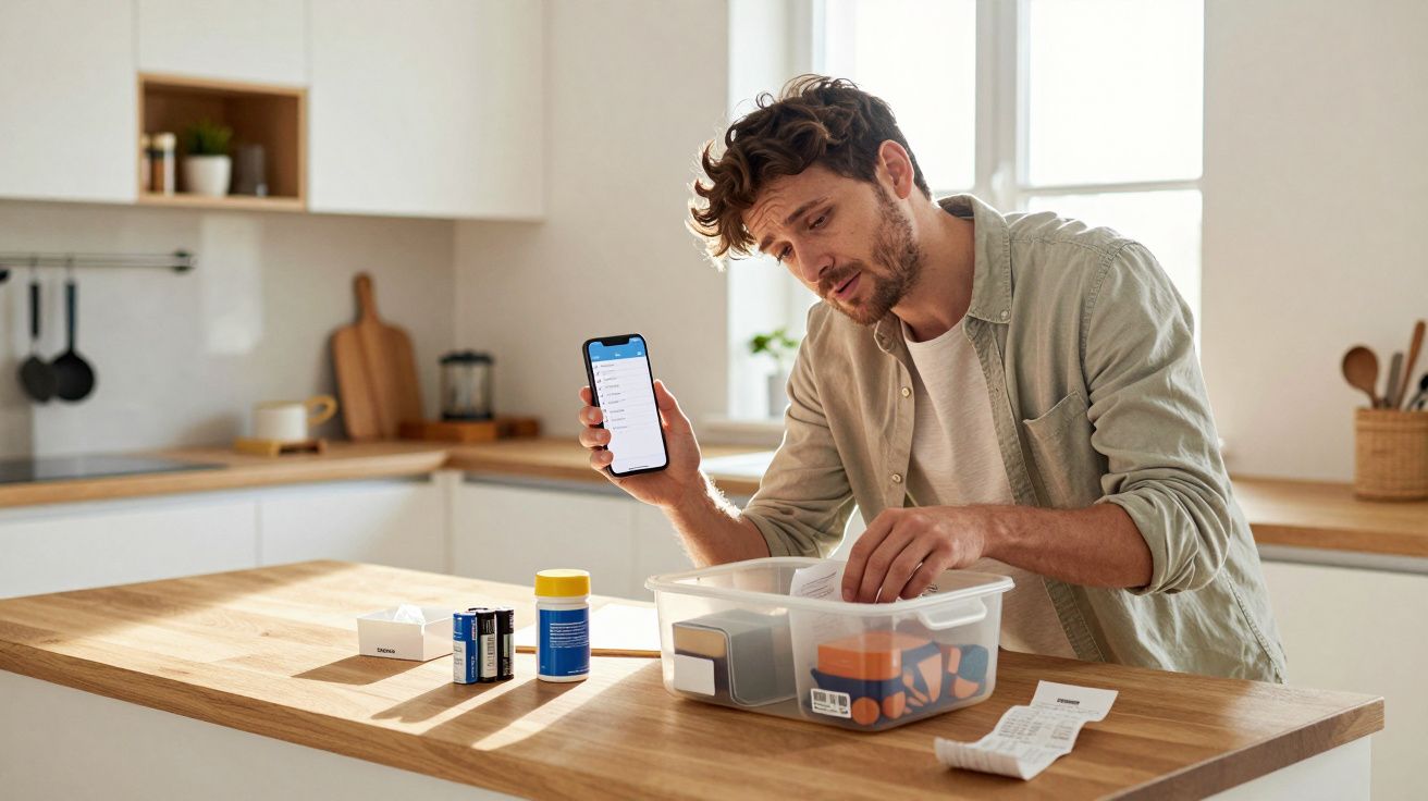 Man in kitchen organising medications, holding a smartphone, with a light wooden countertop.