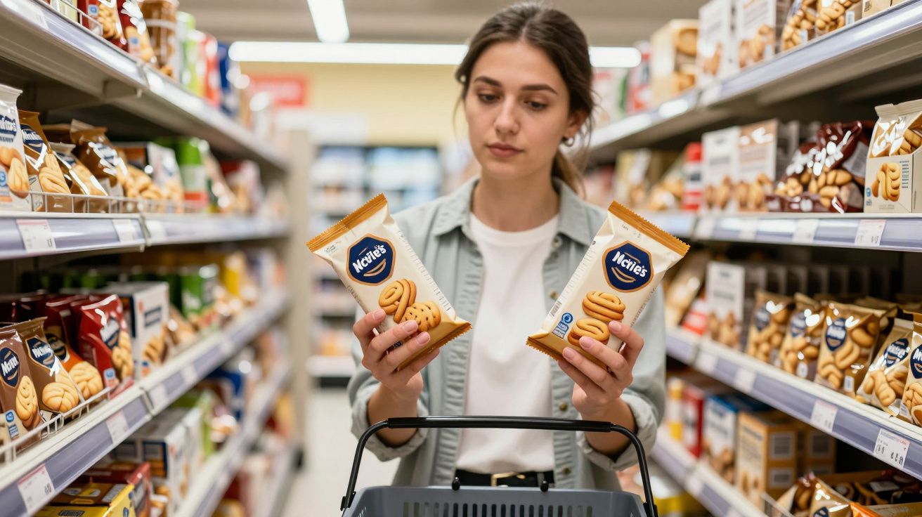 Woman shopping for biscuits in a supermarket aisle, holding two packs and comparing them.