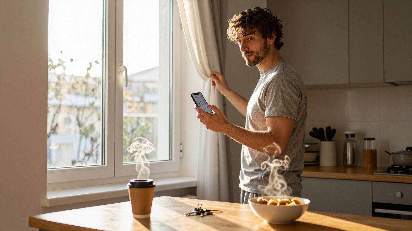 Man holding phone, looking outside kitchen window with coffee and fruit on the counter.