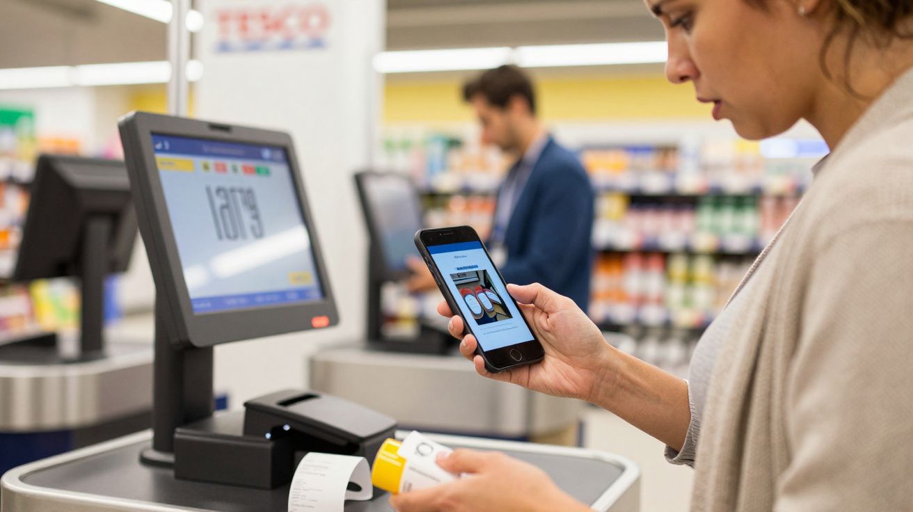 Woman using smartphone to scan product at self-checkout in a supermarket.