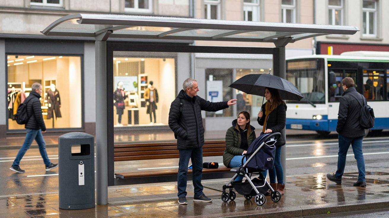 People at a bus stop, one holding an umbrella and a pushchair, with a bus and shopfront in the background.