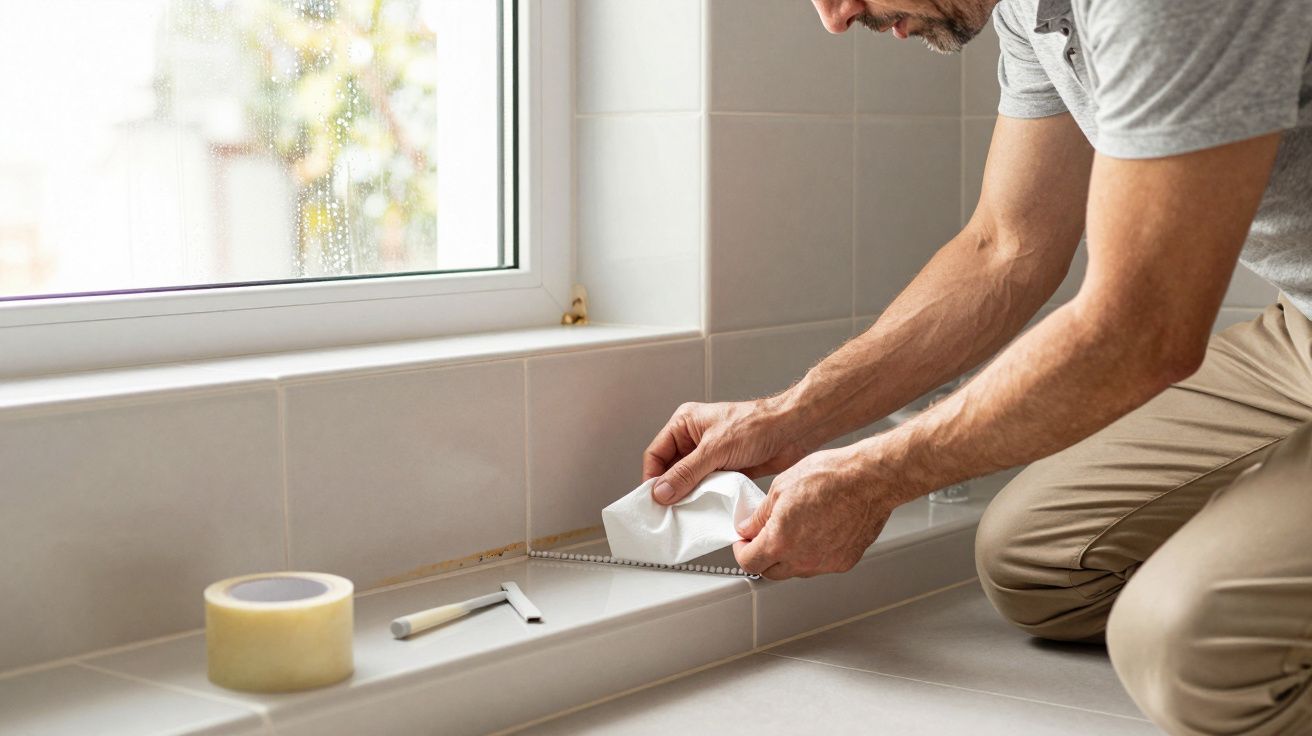 Man applying sealant to a window ledge using a sealant gun, with masking tape and a knife nearby.