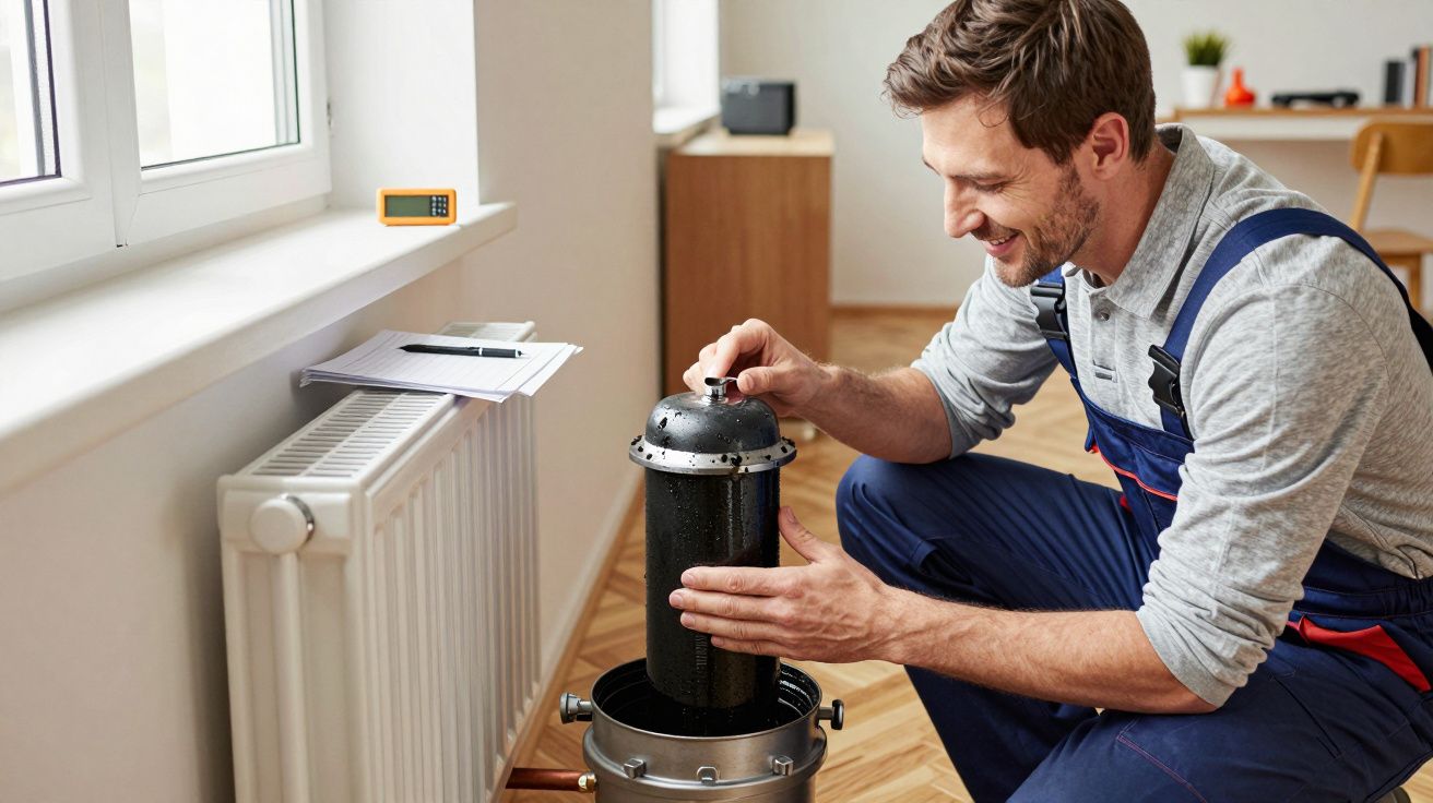 Man smiling while installing a filter in a radiator at home.