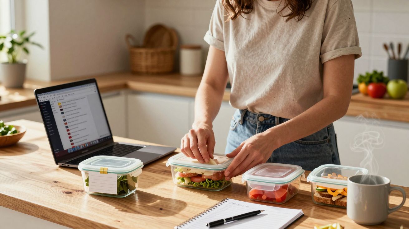Woman packing lunchboxes on kitchen counter with a laptop, notebook, and coffee nearby.