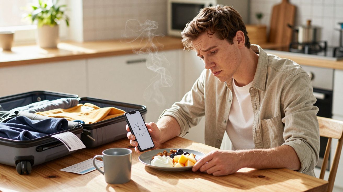 Man in a kitchen looks at smartphone, seated at a table with a plate of fruit and yoghurt, beside an open suitcase.