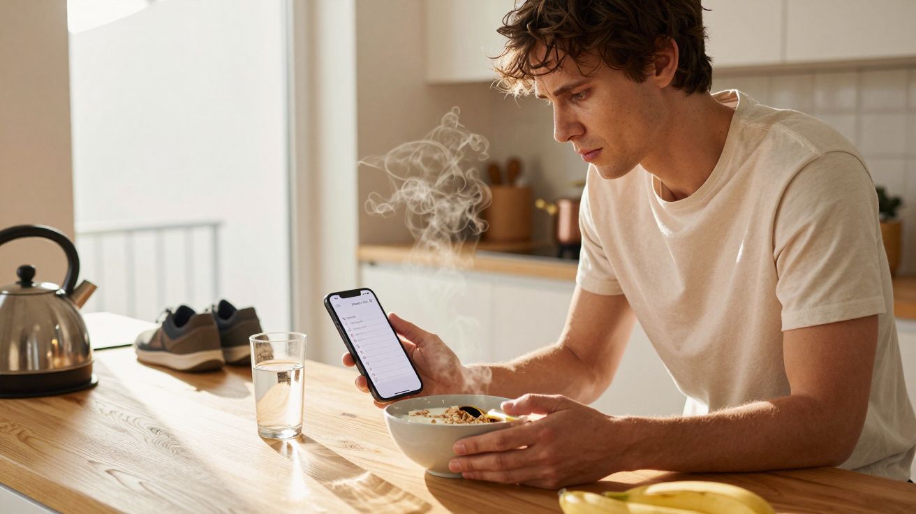 Man in kitchen checking smartphone while eating steaming meal at wooden table.
