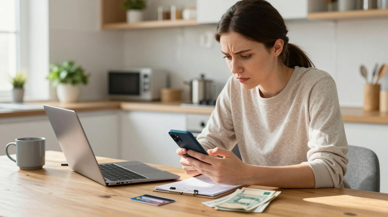 Woman looking concerned at phone, sitting by laptop with money and credit cards on table in cosy kitchen.