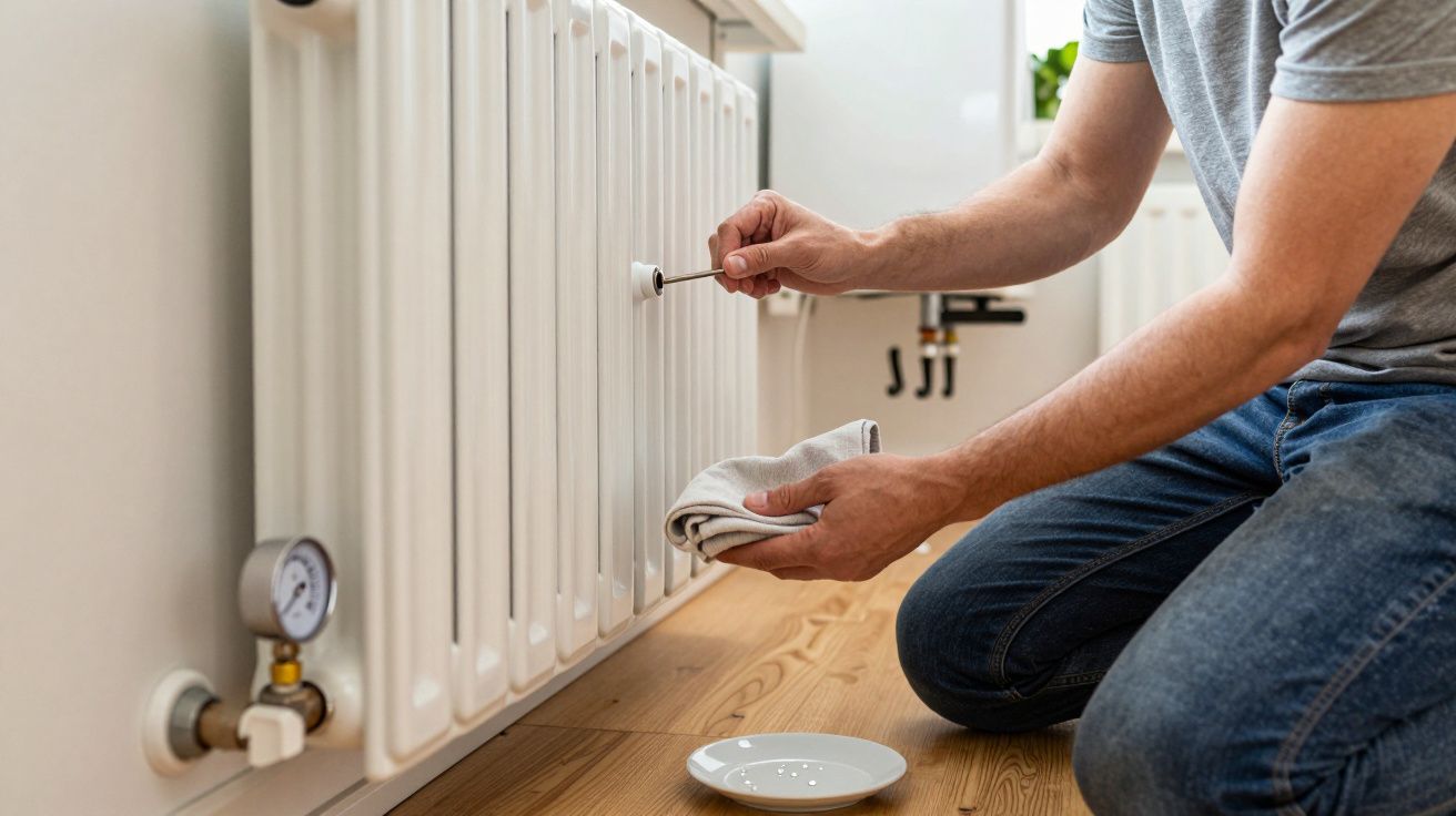 Person kneeling, bleeding radiator with key and cloth on wooden floor, small dish below to catch water.