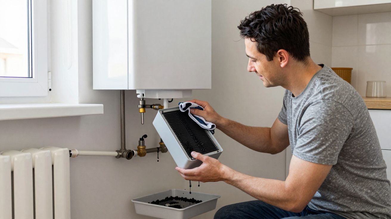 Man cleaning a combi boiler filter with a cloth, standing beside a window and radiator, tray below catching debris.