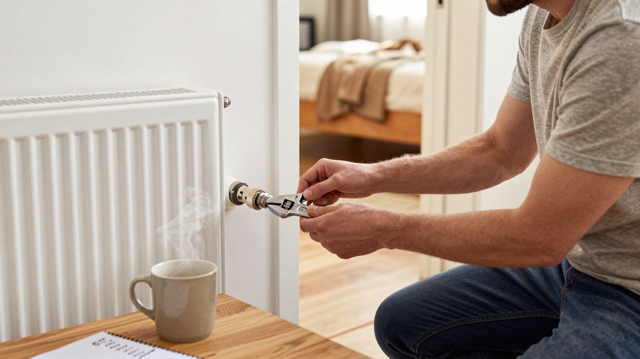 Person using a spanner to adjust a radiator valve, with a steaming mug and notebook on a wooden table nearby.