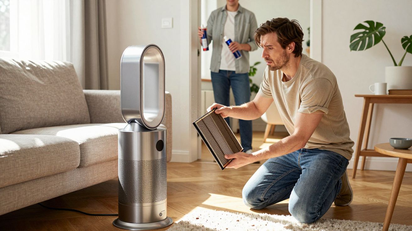 Man kneeling on floor, changing filter in air purifier, another person standing behind with drinks in living room.