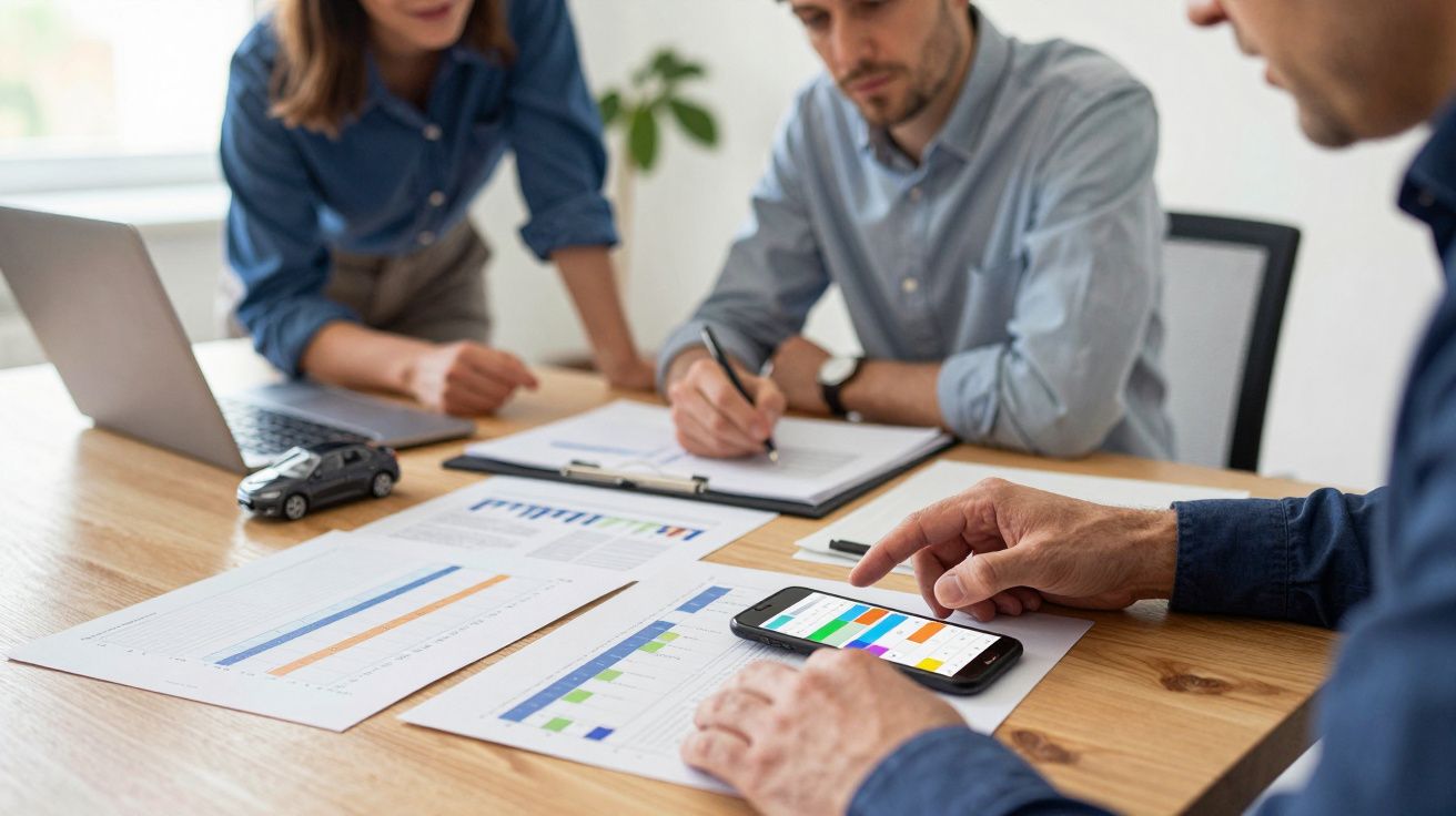 Three people reviewing charts at a table, one using a smartphone, with graph papers spread out.