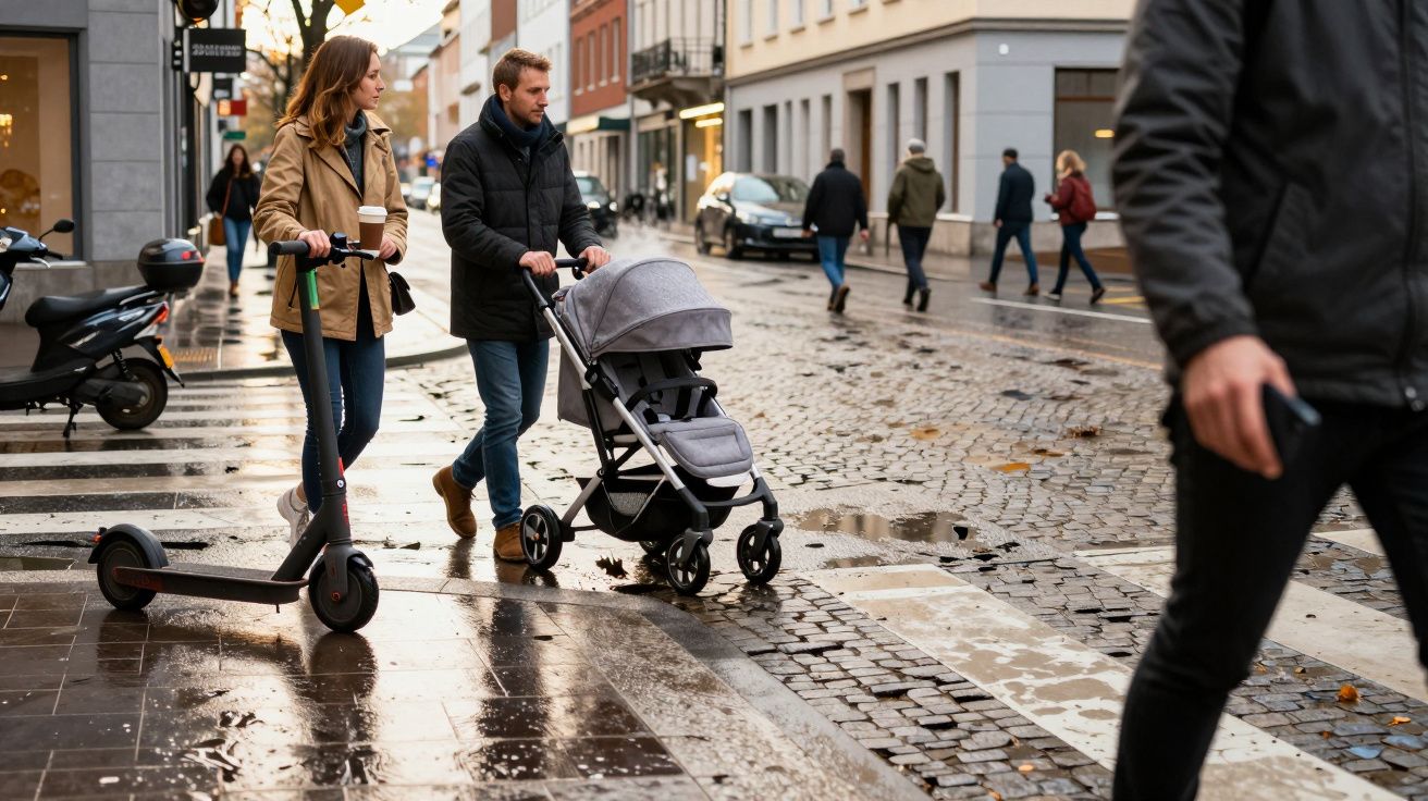 People walk on a wet city street, one pushing a pram, another on a scooter, dressed for autumn weather.