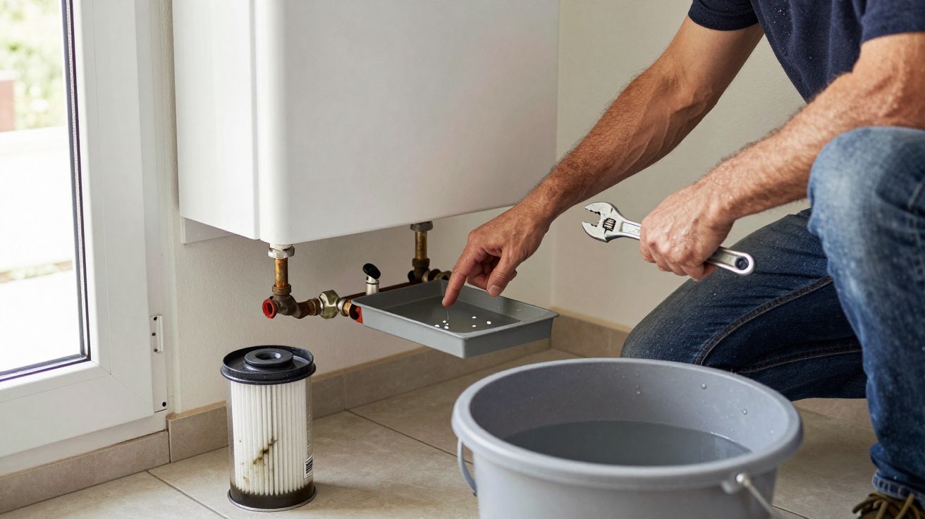 Person adjusts boiler valve with spanner, bucket and filter nearby, indoors.