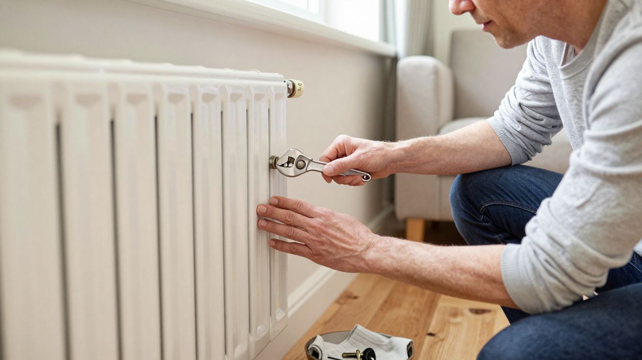 Man using a spanner to adjust a radiator valve in a bright room with wooden flooring.