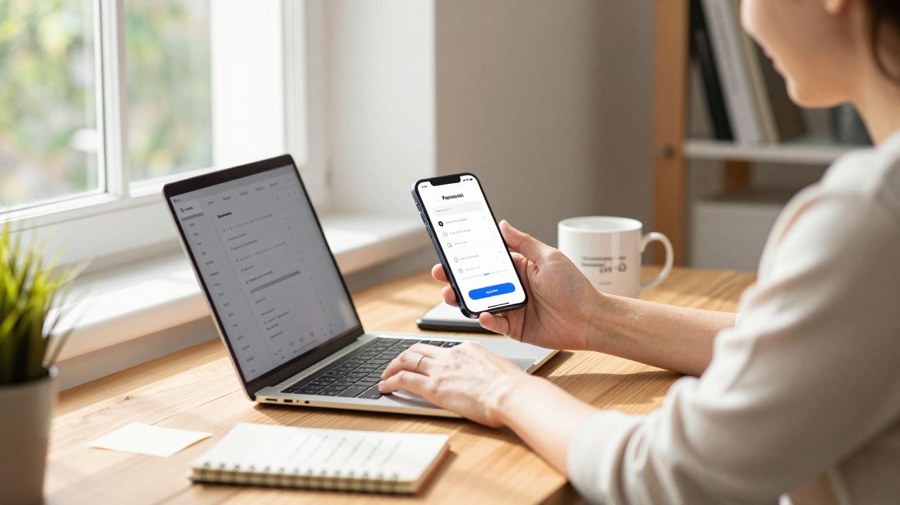 Woman using a smartphone and laptop at a desk, seen from the side, with a mug and notepad nearby.