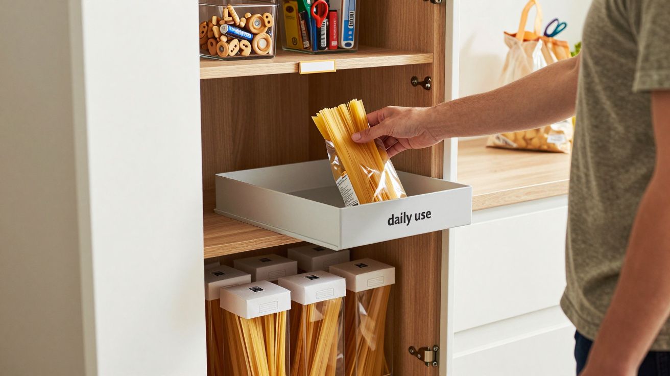 Person placing pasta in organised pantry with labelled compartments.