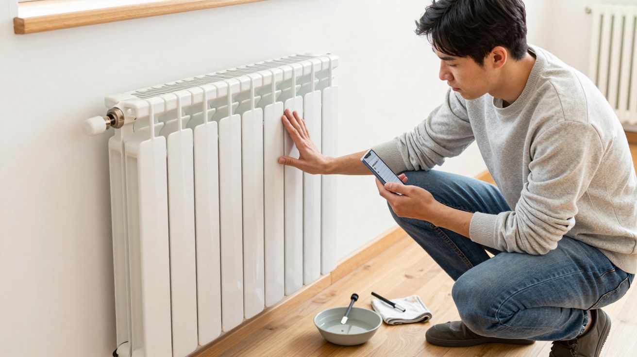 Man kneeling by a radiator, checking temperature with a smartphone, bowl and tools nearby on the wooden floor.
