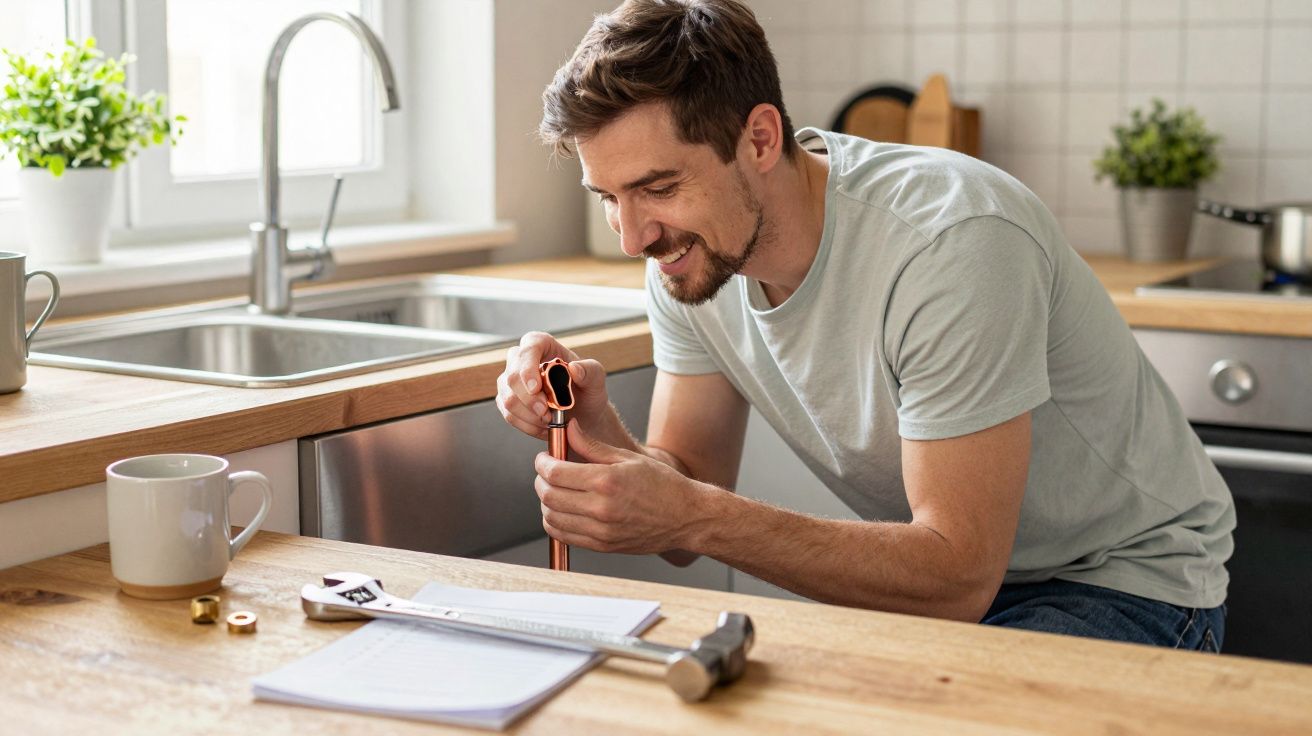 Man working on a copper pipe in a kitchen, smiling, with a notebook, coffee mug, and tools on the wooden counter.