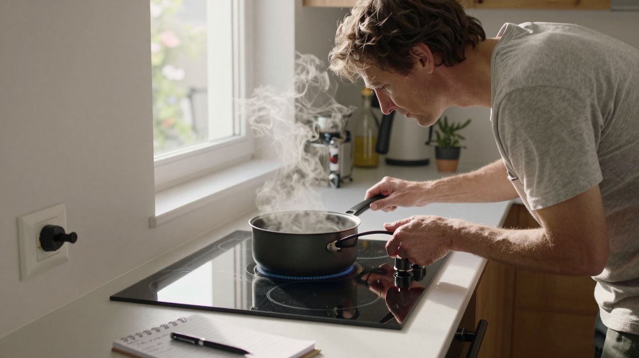 Man cooking on a hob, leaning over a pot with steam rising, notebook on counter, sunlight through window.