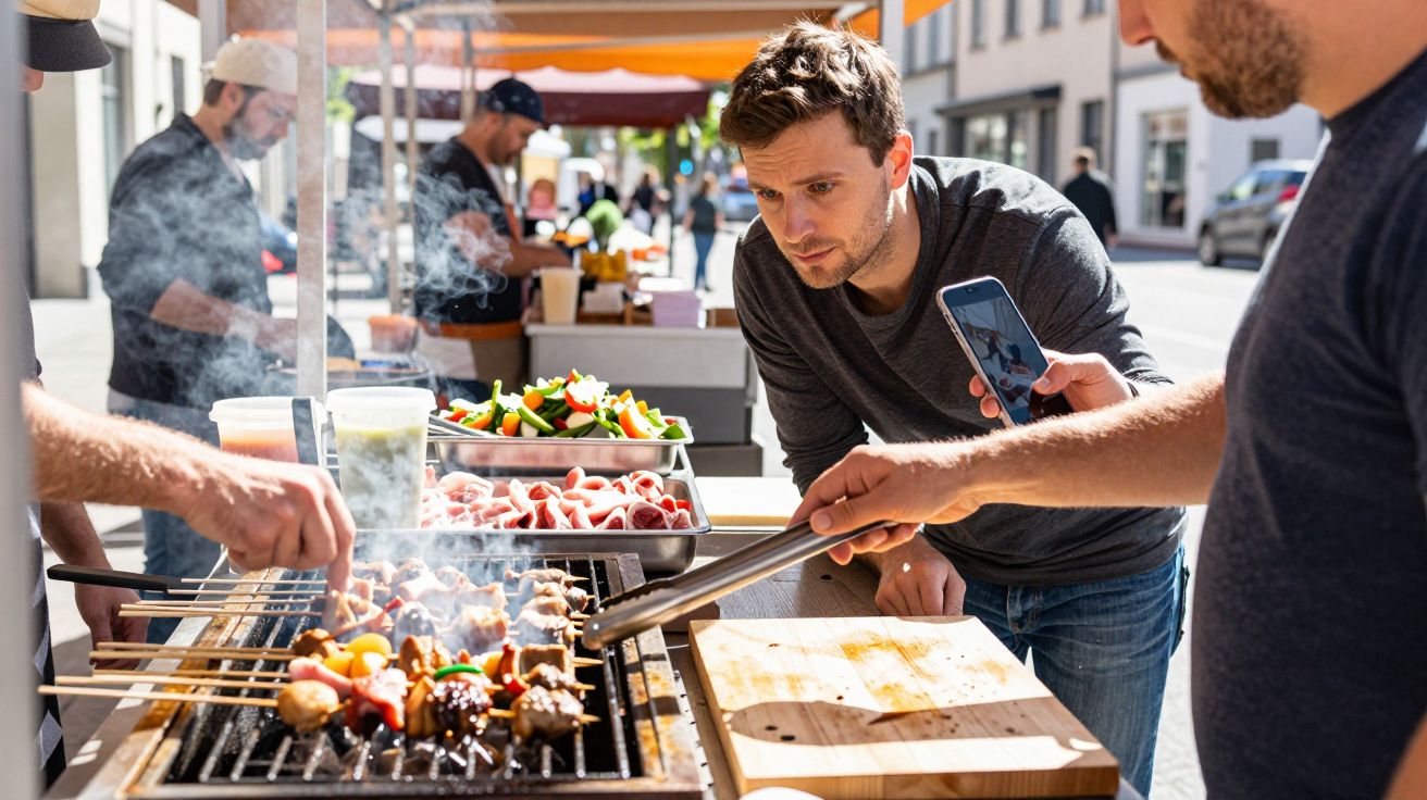 Man grilling skewers at a street food stall, another taking a photo with a smartphone.