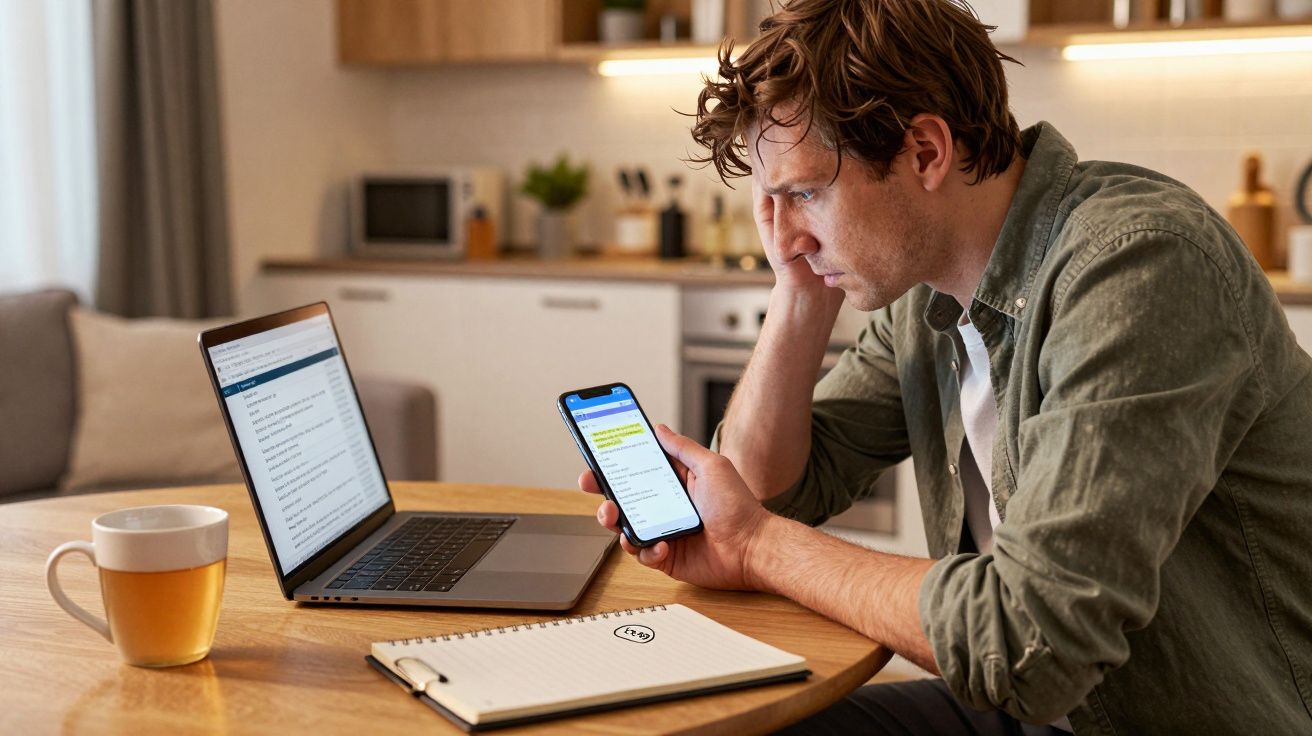 Man at a table looking at a phone, with a laptop and notebook, in a kitchen setting.