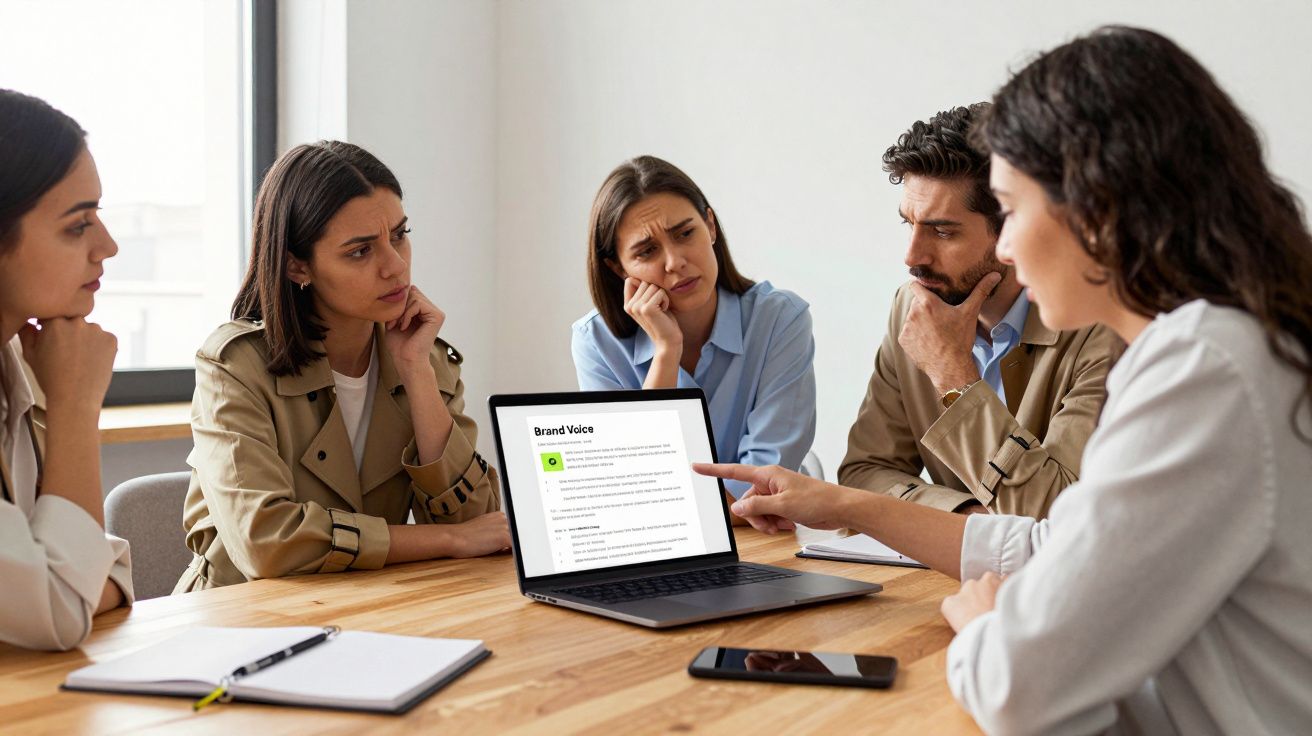Five people sitting at a table, discussing in front of a laptop displaying text titled "Brand Voice".
