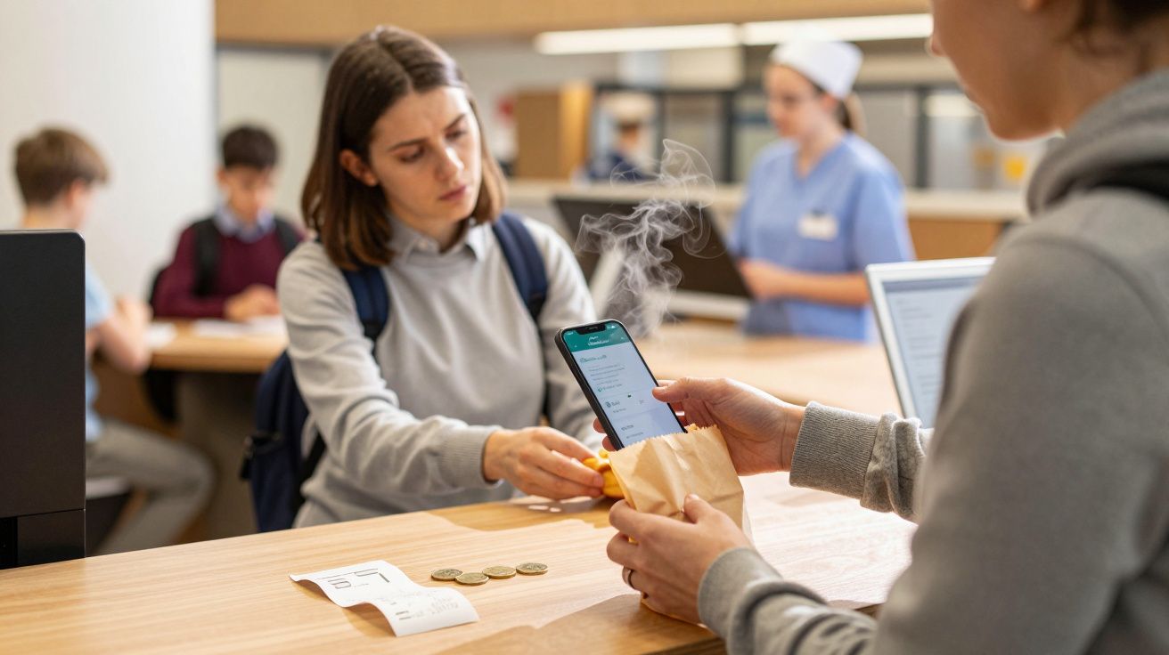 Person paying with smartphone for a steaming takeout in a cafeteria while others work or study in the background.