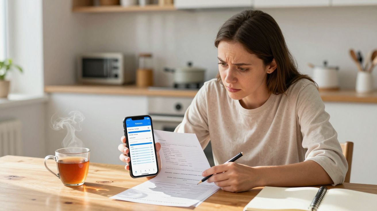 Woman at kitchen table reviewing documents with smartphone, looking thoughtful.