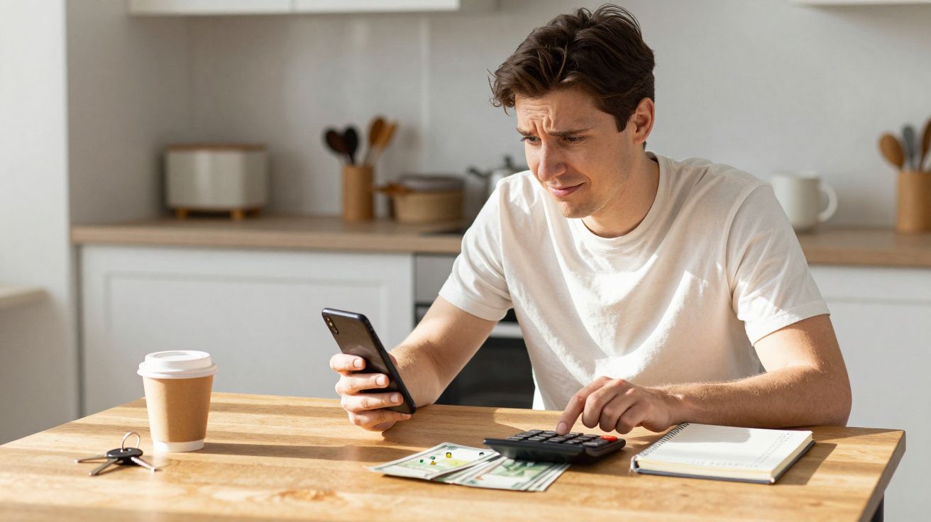 Man looking at phone, using calculator, and seated at table with coffee in bright kitchen.