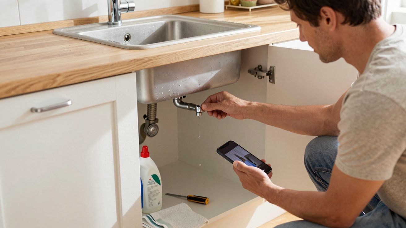 Man fixing a leaking kitchen sink pipe while holding a smartphone, with cleaning supplies nearby.