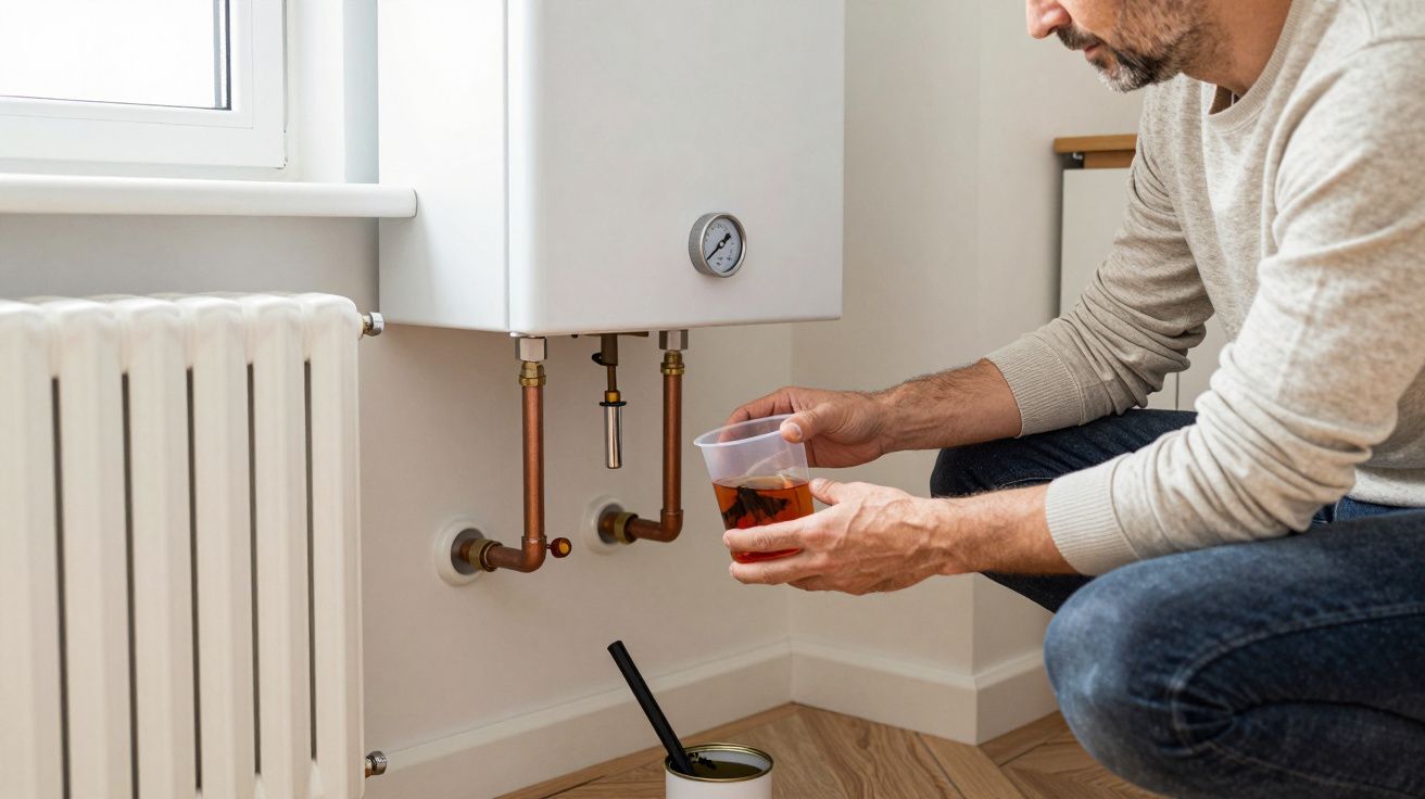 Man kneeling near a boiler, holding a cup with liquid. Radiator and paint can in the background.