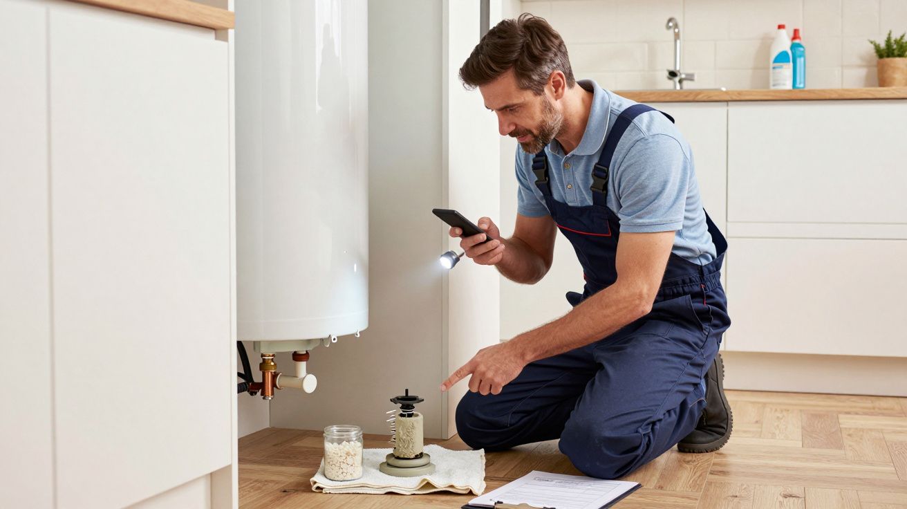 Plumber kneeling, inspecting a water heater with a smartphone, flashlight, and tools in a modern kitchen setting.