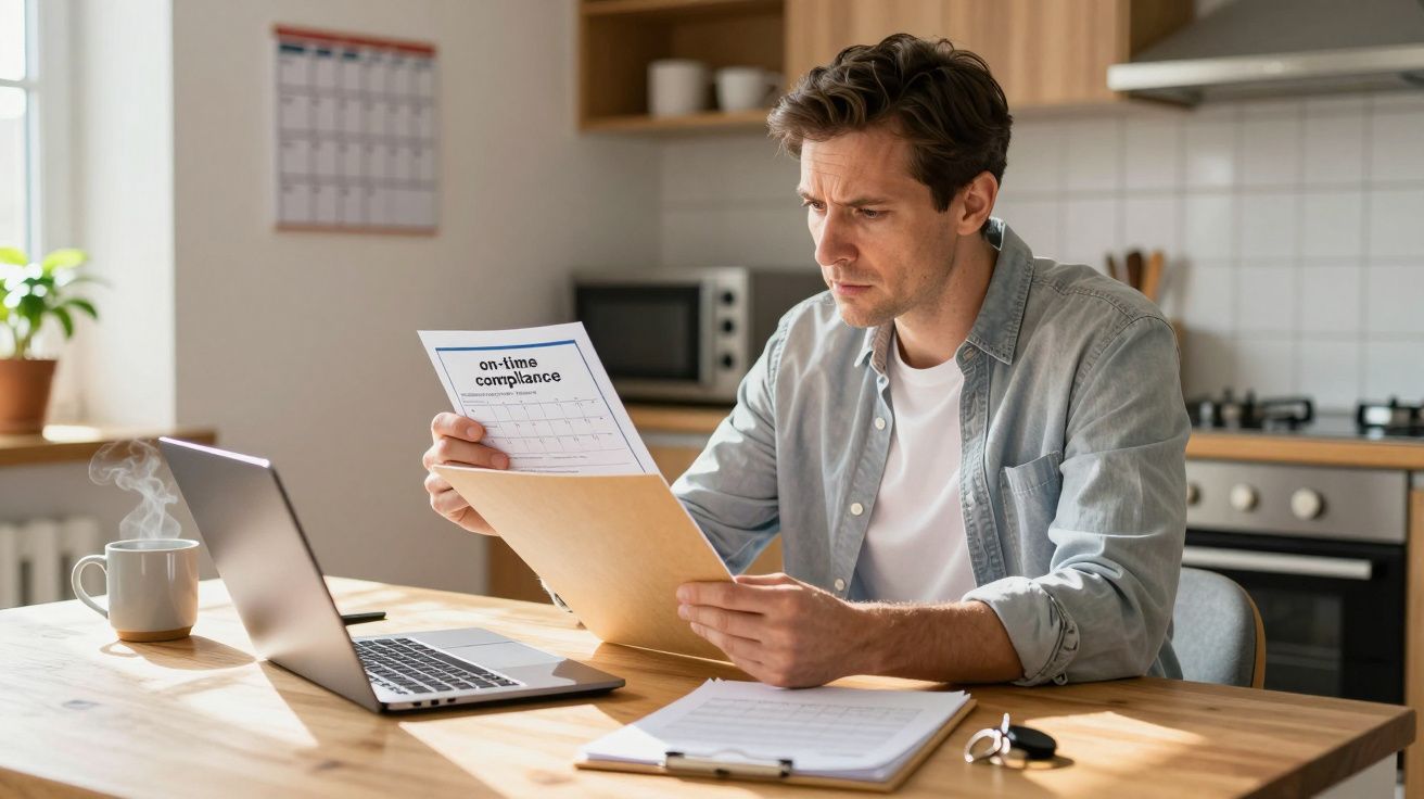 Man in kitchen reading a document titled "on-time compliance" beside a laptop, notepad, and steaming cup.