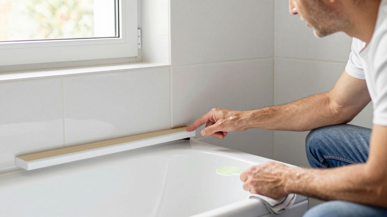 Man sealing gap above bathtub near a window with a white trim, wearing casual clothes.